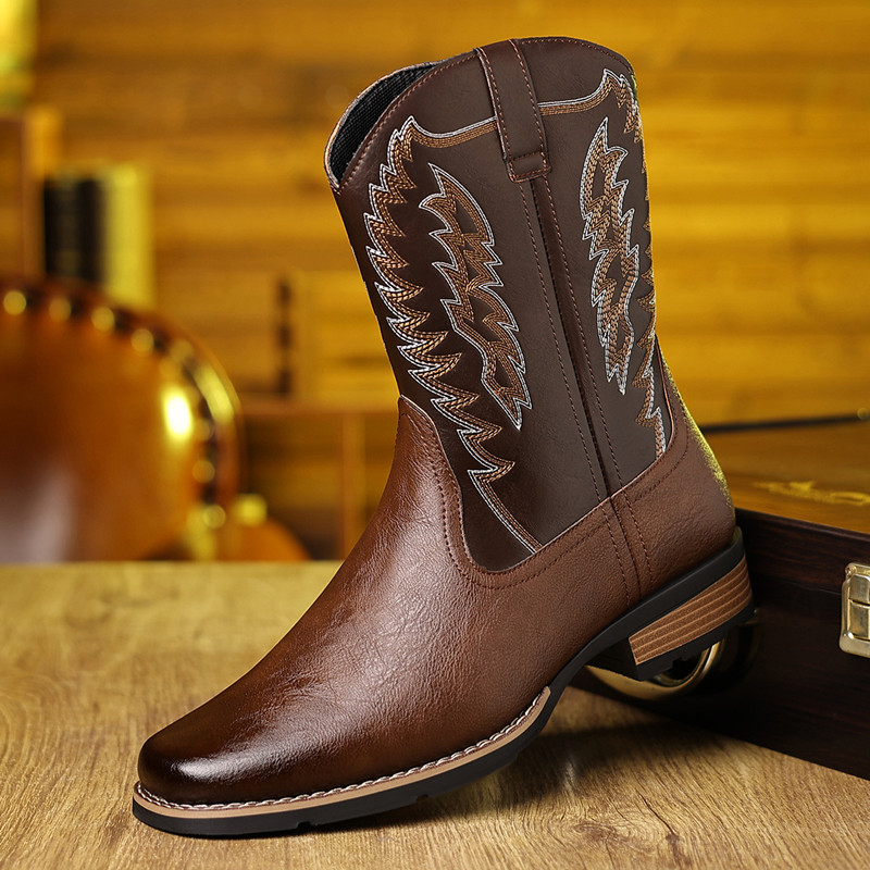 Chelsea Boots Men - Men Embroidery Stitching Outdoor Retro Mid-calf