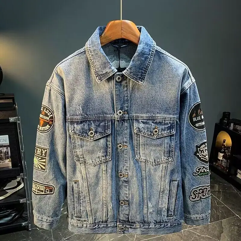 Mens Fashion Denim Jacket - Men High Street Embroidery Patch Denim