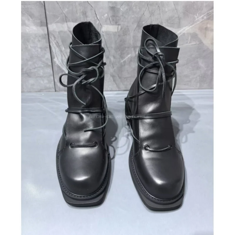 Chelsea Boots Men - Black Genuine Leather Square Toe Short