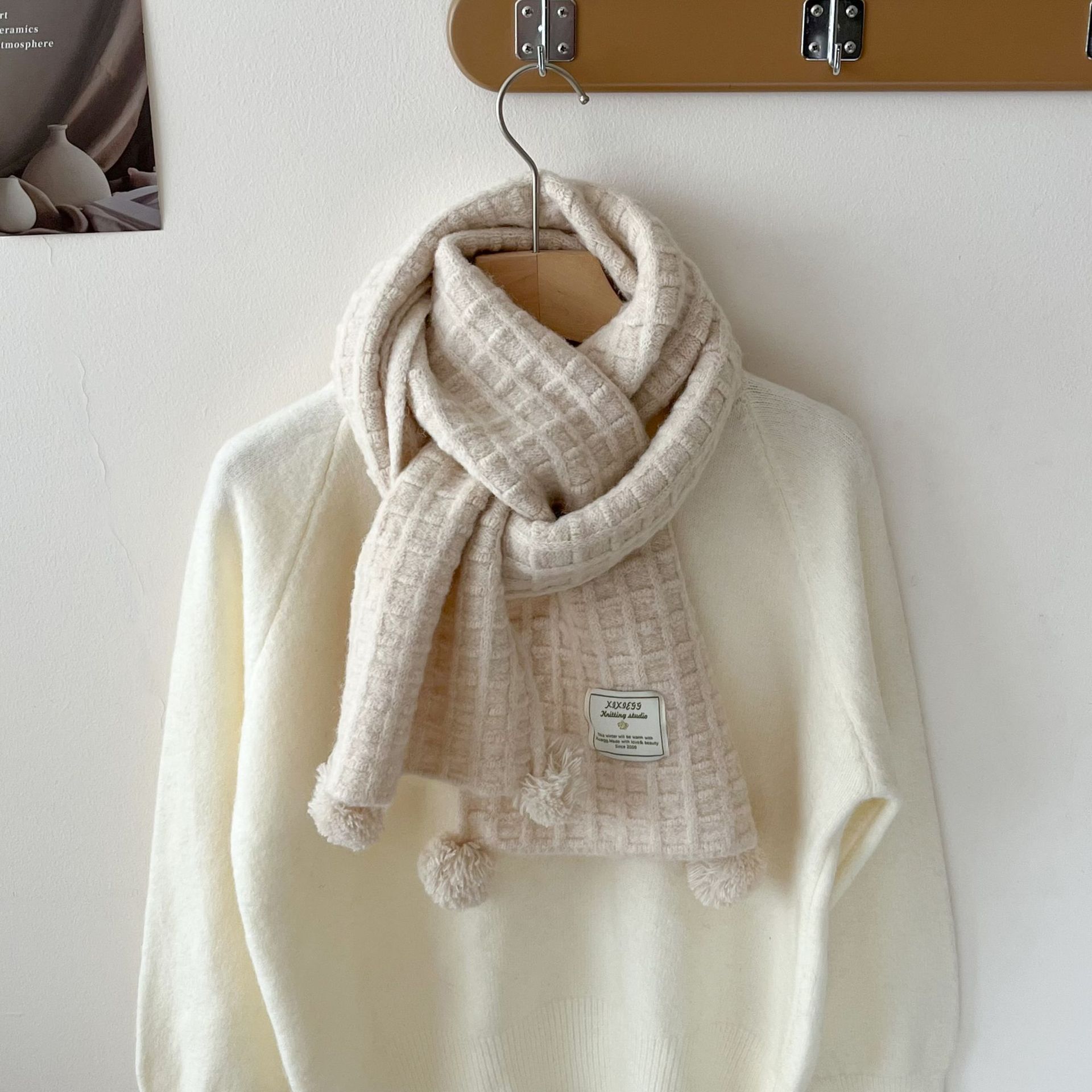 Men Scarf Wool - Winter hanging ball waffle knitted wool