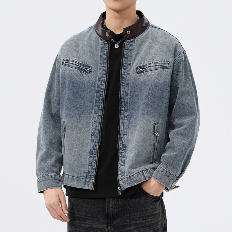 Stand Leather Collar Denim Jac - Mens Fashion Denim Jacket recension och pris